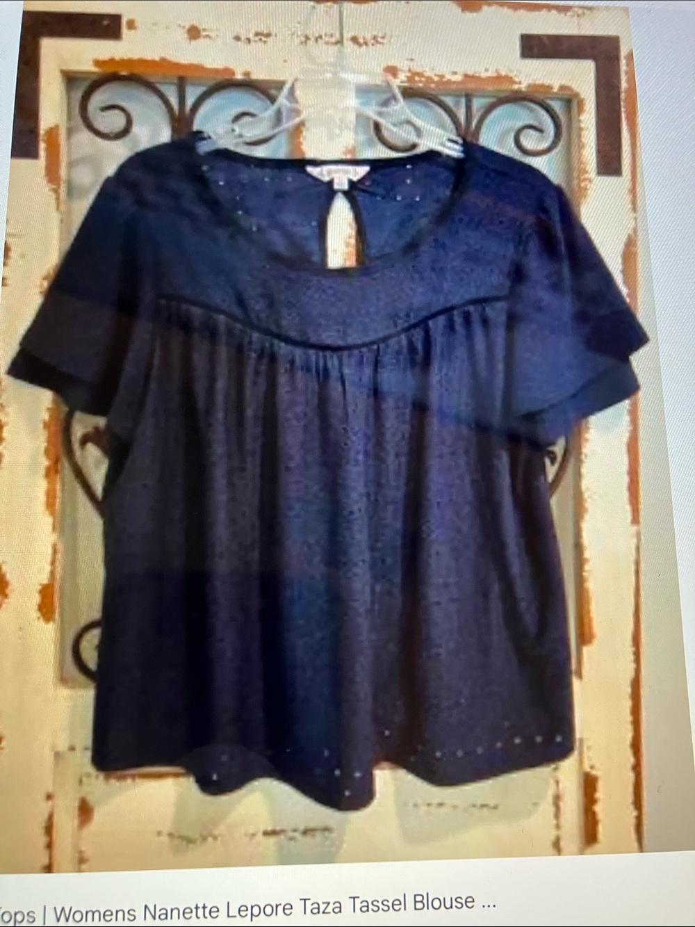 Nanette Lepore Navy Eyelet Tassel Keyhole Blouse